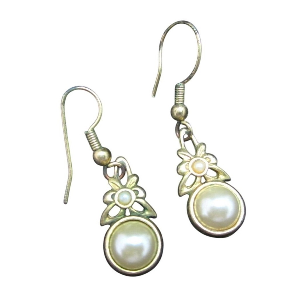 Vintage Faux Pearl Cab Floral Filigree Design Classic Drop Dangle Earrings